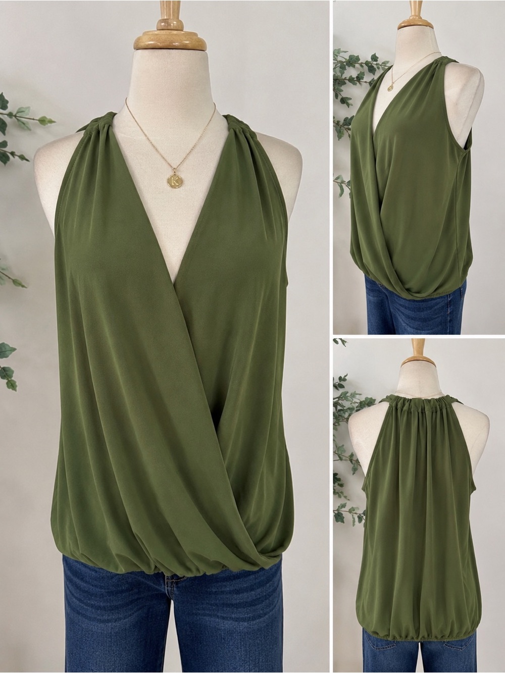 ZENANA NWT Olive Green Halter Draped Blouse Top SIZE XL Stretch Tank